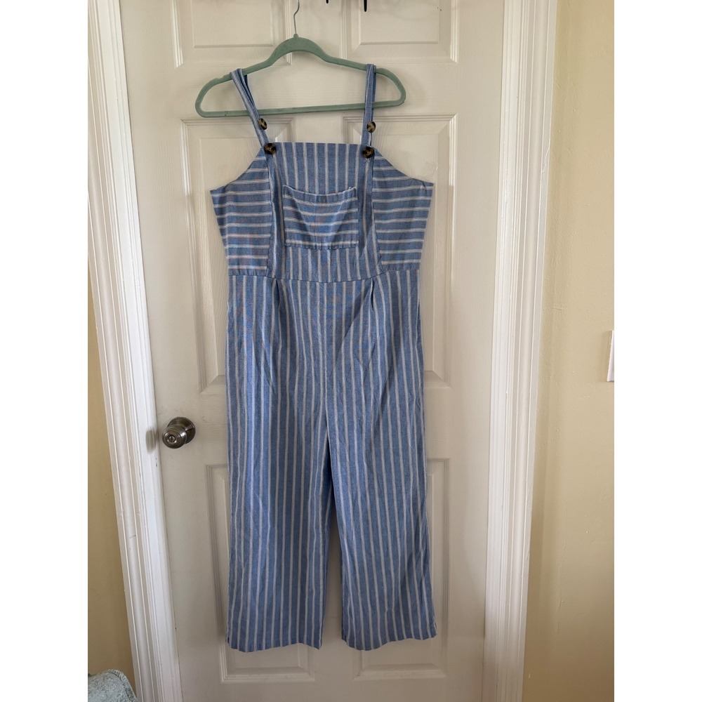 RObert Louis Womens XL Blue White Striped Linen Blend Wide Leg Jumpsuit Overalls